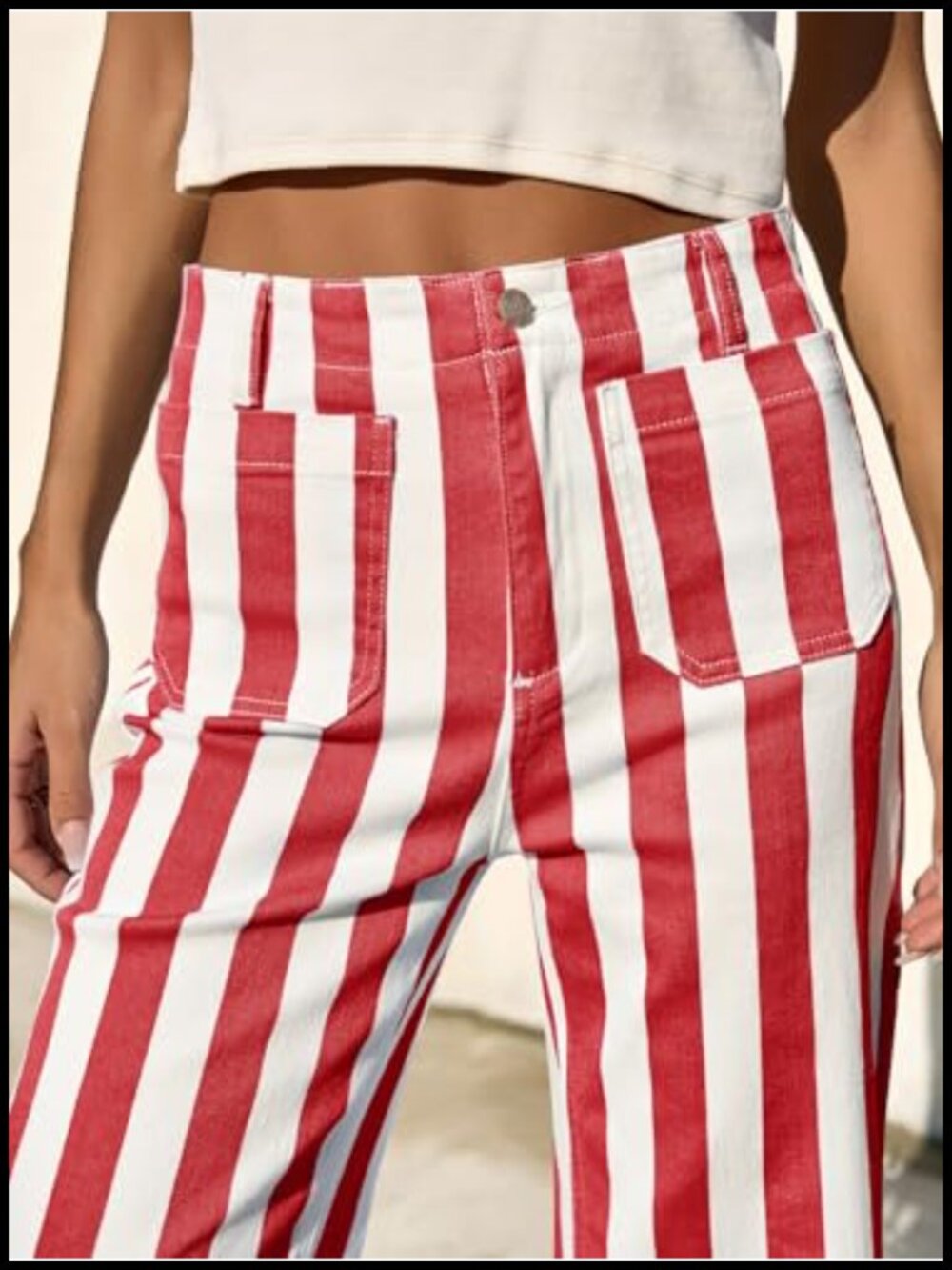 High Waisted Cropped Striped Denim Wide Leg Pants with Pockets - Picture 3 of 6